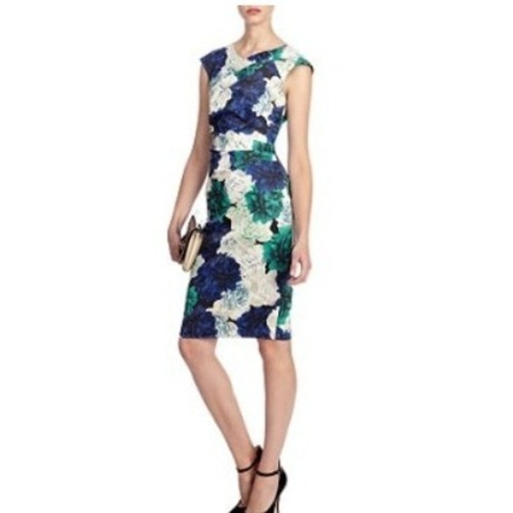 Karen Millen Blue Green Rose Print Floral Stretch Sheath Cocktail Dress 10